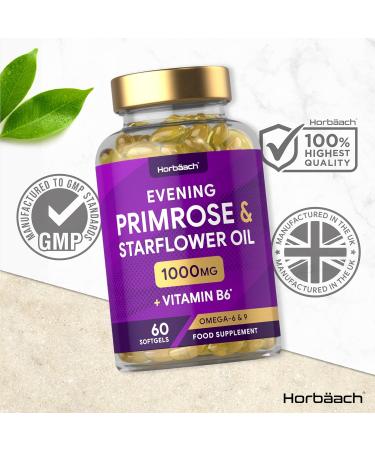 Evening Primrose and Starflower Oil Capsules 1000mg | with Vitamin B6 | 60 Softgels | Rich Source of Omega 6 GLA & 9 Oleic Fatty Acids | by Horbaach - Buy Online on GoSupps.com