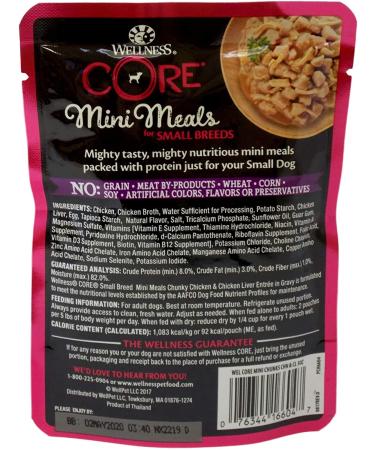Wellness Core Mini Meals Small Breed Dog Food Variety Pack - 6 Pouches, 2 Flavors - Chunky Chicken Liver, Shredded Chicken Turkey Gravy - 3 Ounces Each - Includes Rope Toy and Fun Facts Booklet - Buy Online on GoSupps.com