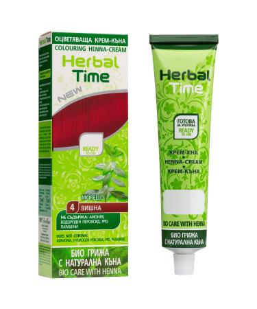 Herbal Time Henna Natural Cream Color Morello N 4 | Henna Coloring Cream with Nettle Extract | Gray Hair Cover | Temporary Color Dye Cream | Ammonia Free Sulfates Free Parabens Free | 75 ml Morello 4