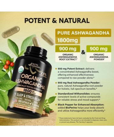 Ashwagandha Supplements 1800mg - USDA Organic Ashwagandha for Women & Men - Clinically Effective Strength for Stress Relief & Sleep - Powder & Root Extract 2.5% Withanolides - Made in USA 100 Capsules - Buy Online on GoSupps.com