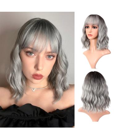 Vroosar Shoulder Length Wavy Wigs With Air Bangs Curly Short Bob Wig Natural Dark Root Ombre Grey Wigs for Women Synthetic Cosplay Wigs for Girls(12