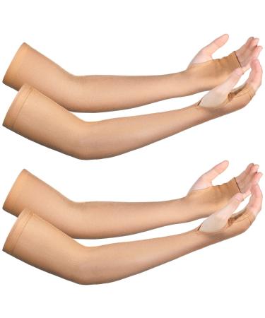 Coume 2 Pairs Elderly Skin Protection Sleeves Arm Protectors for Thin & Bruising Compression Washable Men Women, Nude Color(Elegant Style,Medium) Medium Elegant Style