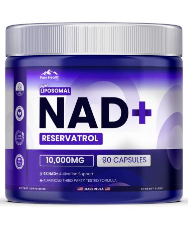 PURE HEALTH MAX PHM NAD Resveratrol Supplement - 10 000MG Extra Strength | NAD+ Liposomal Supplements for Men and Women | NMN & NMNH Alternative | 90 Capsules 3 Months Supply