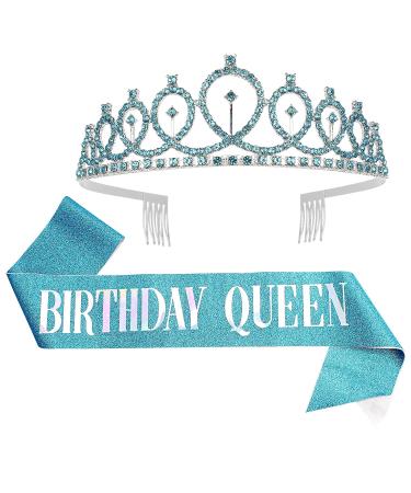 AOPRIE Birthday Crown for Women Birthday Queen Sash Blue Birthday Tiara for Women Princess Crown Rhinestone Happy Birthday Accessories