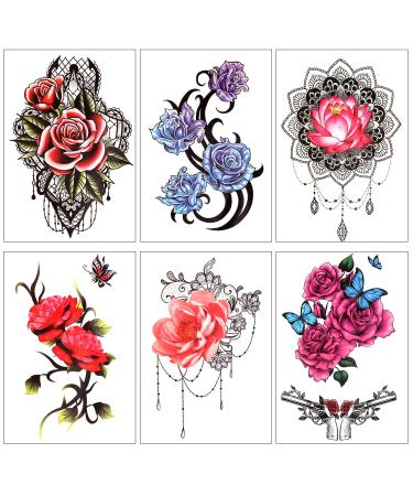 Konsait Flower Temporary Tattoos - 15 Sheets | Rose Skull Butterfly Designs | Arm Sleeves Stickers for Women, Girls, Kids | Decorative Body Art - Buy Online on GoSupps.com