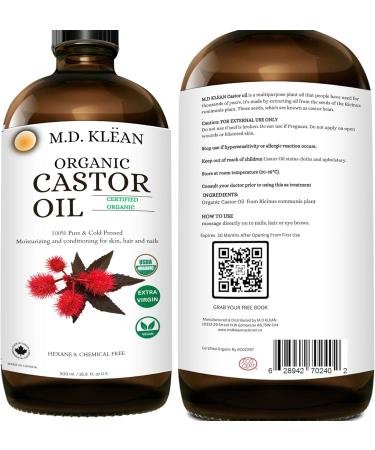 M.D. KLEAN ORGANIC CASTOR OIL 100% Cold Pressed (500ml) Amber Glass Bottle - Hexane Free | BPA Free Pump Inc | Unrefined Certified Organic | Skin Moisturizing and Conditioning Oil - Buy Online on GoSupps.com