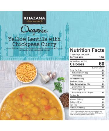 Khazana Organic Ready to Eat Indian Meals - Yellow Lentils & Chickpea Curry (6-Pack) | Non-GMO, Vegan, Gluten Free, Kosher - Buy Online on GoSupps.com