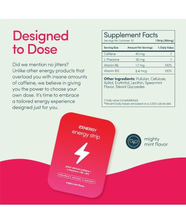 ZENERGY Energy Oral Strips - Mint Flavor | 40mg Caffeine 30mg L-Theanine 100% B6 & B12 | Vegan Sugar-Free Instant Energy | 1 Tin (30 Strips - Buy Online on GoSupps.com
