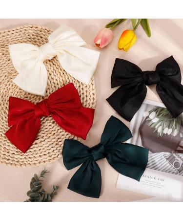 4 Pack Bows Hair Clip Soft Silky Satin Hair Bows Big Bowknot Hair Bows with Ribbon Solid Color French Hair Hairpin for Women Girls Red+Black+White+Green - Buy Online on GoSupps.com