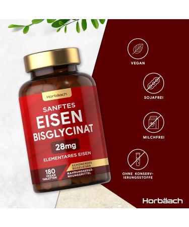 Iron Tablets High Dose 28 mg - 180 Vegan Iron Bisglycinate Tablets for Energy Support | Horbaach - Buy Online on GoSupps.com