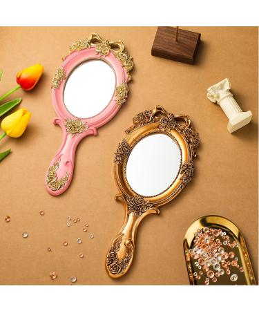 Geetery 2 Pcs Vintage Handheld Mirror Oval Embossed Flower Vanity Makeup Mirror Antique Cosmetic Aesthetic Mirror Decorative Small Hand Portable Princess Mirror with Handle for Girls Women  Gold  Pink