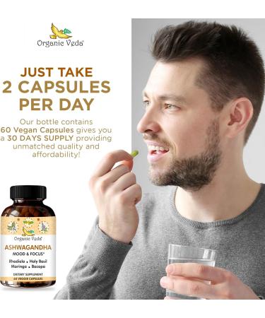 Organic Veda Ashwagandha Mood Support Supplement 1200mg with Organic Ashwagandha Root Bacopa Rhodiola Rosea Holy Basil Moringa Focus & Energy Support - 60 Vegan Capsules - Buy Online on GoSupps.com