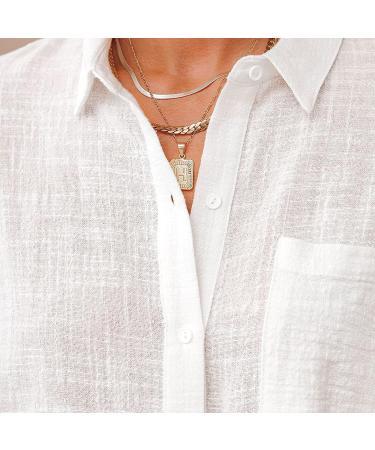 Drindf Women's Button Down Cotton Linen Shirt | V Neck | Short Sleeve | Loose Fit | Casual Work Blouse | White Medium - Buy Online on GoSupps.com