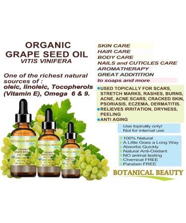 Botanical Beauty Organic GRAPE SEED OIL 100% Pure Natural VIRGIN UNREFINED Cold-Pressed Carrier Oil for Face Skin Body Hair Lip Nails Massage. Rich in Vitamin E (4 Fl Oz) 4 Fl Oz (Pack of 1) - Buy Online on GoSupps.com