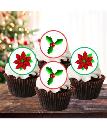 PRECUT Christmas Poinsettia Holly Cupcake Toppers Christmas Edible Holly Cake Decorations Christmas Cake Topper Xmas Cupcake Decoration Poinsettia Cake Decorations (12) - Buy Online on GoSupps.com