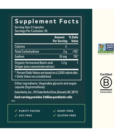Gaia Herbs Ginger-Beet Postbiotic - Supplement for Gut & Heart Health Support - Made with Organic Fermented Beets & Ginger - Free from Dairy Soy & Gluten - 60 Vegan Capsules (30 Servings) - Buy Online on GoSupps.com