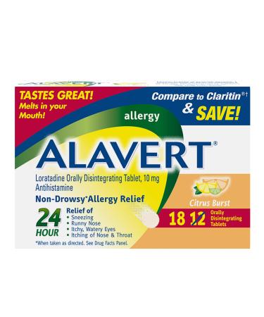 Alavert Allergy 24 Hour Relief Citrus Burst Flavor Orally Disintegrating Allergy Tablets Non-drowsy Antihistamine Loratadine 10mg 18 Count Citrus 18 Count (Pack of 1)