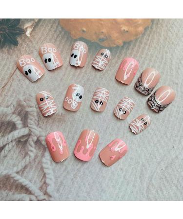 Shop 24Pcs Halloween Press on Nails - Cute Ghost & Glitter Spider Web Acrylic Nails for Women & Girls - Short Square Full Cover Halloween Nail Tips - Buy Online on GoSupps.com