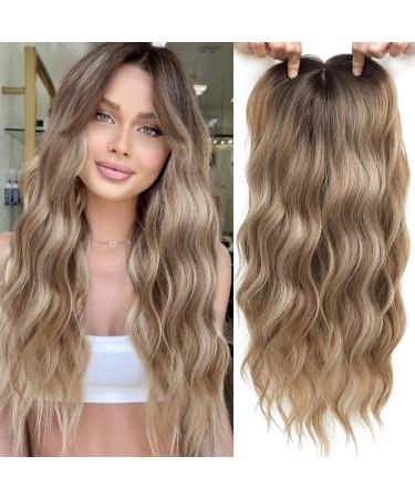 VEGALILY 20inch Hair Topper 7x7" Base Size Wavy Hair Topper for Women Brown Blonde with Dark Root Hair Toppers for Thinning Hair Handmade Natural Hairline Hair Toppers Fake Hair Pieces for Women