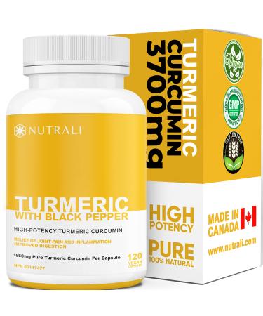 HIGH POTENCY TURMERIC CURCUMIN + BLACK PEPPER EXTRACT Powerful 3700mg per Serving (2 capsules) Source of Anti-Inflammatory and Antioxidants. Joint Pain Relief Improved Liver Function. Non-GMO Vegan Gluten Free. Zero Additives Easy to Swallow Capsules. 1