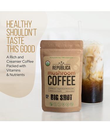 La Republica Big Shot Organic Mushroom Coffee - 120 Servings | 7 Superfood Mushrooms | Lion's Mane, Reishi, Chaga, Cordyceps, and More | Caffeinated Instant Mushroom Powder - 8.48 Ounce Pack - Buy Online on GoSupps.com
