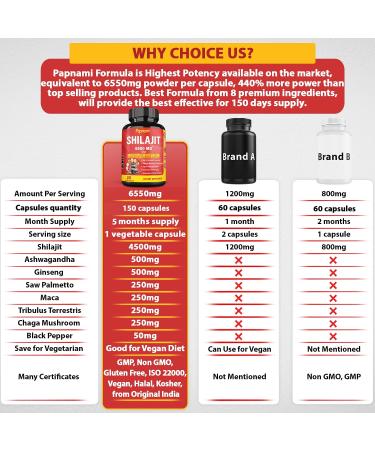 Shilajit Extract Capsules 6550mg + Ashwagandha, Ginseng, Saw Palmetto, Maca, Tribulus, Chaga, Pepper | 5 Month Supply | Immune & Brain Boost - Buy Online on GoSupps.com