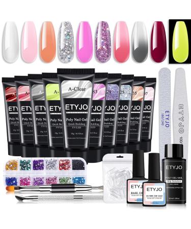 Poly Nail Gel Kit 10 Colors Quick Nail Extension Gel Builder With 2 PCS Temperatures Change Rhinestone  Base Top Coat  Slip Solution  Nail Forms  Complete Poly Gel Starter Kit for DIY Manicure Mother's Day Gift Clear Gli...