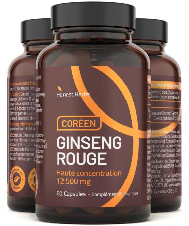 Panax Korean Red Ginseng - Extra Strong 12 500 mg - 60 Capsules - Ginseng Root Extract with 20% Ginsenosides - Vegan