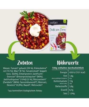 Lotao Vegan Chili Sin Carne 10-Pack | Spicy Ready Meal with Veggie Hack | Soy-Free & Additive-Free Vegetarian Option - Buy Online on GoSupps.com