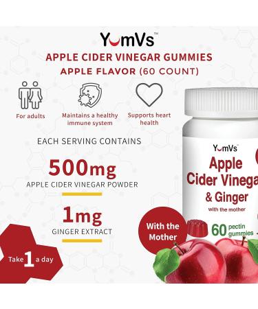 YumVs Apple Cider Vinegar Gummies with The Mother + Ginger - 60 Count | Non GMO Vegetarian Supplement for Heart Health & Digestive Support | Natural Apple Flavor Chewables for Women & Men - Buy Online on GoSupps.com