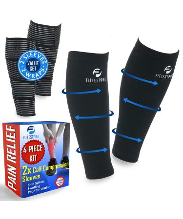 Calf Compression Sleeves and Leg Wraps (4 Piece) Shin Splint Support  Calve Guards for Men and Women - Braces Provide Healthy Circulation Pain Relief for Running  Basketball  Cycling  Maternity Large - X-Large Black Calf...