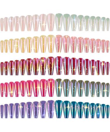 240 Pieces Extra Long Press on Nails Ballerina Coffin False Nails Solid Color Full Cover Fake Nails Artificial Acrylic Nails for DIY Nail Salon Women Girls (Aurora Pattern)