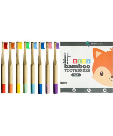 EcoFrenzy - Kids Bamboo Toothbrush - Child Size Soft BPA Free Color Safe Bristles (8 Pack)