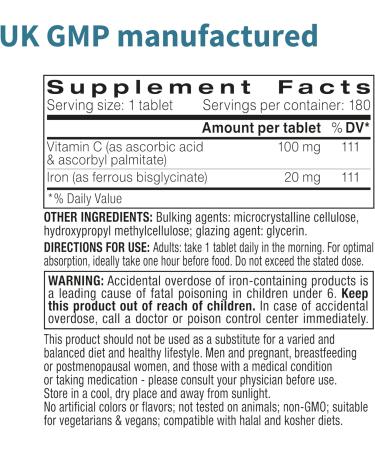 High Absorption Chelated Iron Bisglycinate 20mg with Vitamin C - Vegan 180 Tablets by Igennus - Buy Online on GoSupps.com