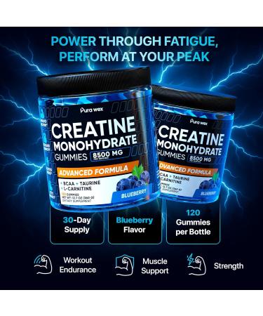 PURA WEX NUTRITION Creatine Monohydrate Gummies 8500mg Complex for Men & Women - Pre Workout Creatine Chews for Muscle Growth, Strength & Energy, Sugar Free, Vegan, Blueberry Flavor - 120 Count - Buy Online on GoSupps.com