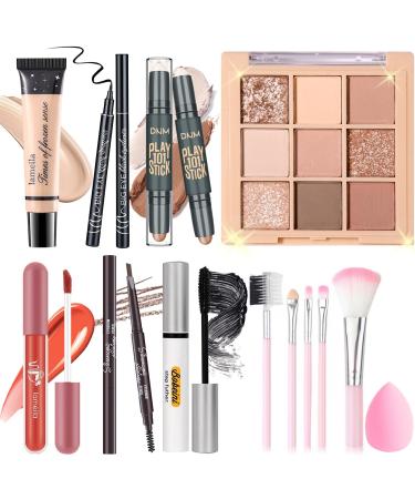 Makeup Set Kit for Women Girls Teens Makeup Present Set Includes 9 Color Eyeshadow Counter Stick Foundation Eyebrow Pencil Eyeliner Mascara Lip Gloss 5Pcs Brushes Sponge Set A
