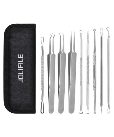 Blackhead Remover Tool JOLIFILE Upgraded 9 Pcs Pimple Popper Tool Kit Extractor Tools with Tweezers Removal Comedone Whitehead Set Large Size-Silver