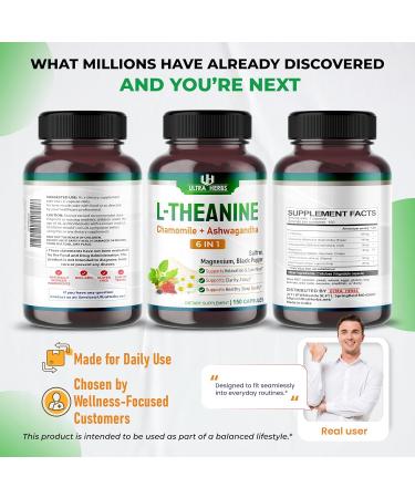 L-Theanine Supplement - 6 in 1 Complex Enriched with Magnesium, Ashwagandha, Saffron, Chamomile - Support Relaxation, Calmness & Sleep Quality | 150 Capsules 150-day supply (pack of 1) - Buy Online on GoSupps.com