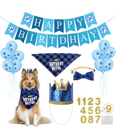 Selemoy Dog Birthday Party Supplies, Dog Birthday Hat Bandana Scarf with Cute Dog Bow Tie, Flag, Balloons for Small Medium Dogs Pets, Doggie Birthday Party Supplies Decorations Blue