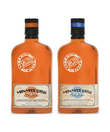 18.21 Man Made Noble Oud Wash & Absolute Mahogany 3-in-1 18 oz Wash 2-Set Bundle All Hair & Skin Types for Men Strengthens and Moisturizes in a Manly Aroma