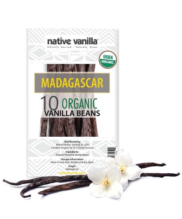 Native Vanilla - Organic Madagascar Vanilla Beans - 10 Premium Gourmet Whole Pods - For Restaurants and Home Baking, Cooking, Dessert Crafting, Beverages and Making Vanilla Extract Organic Madagascar Vanilla 10 Count