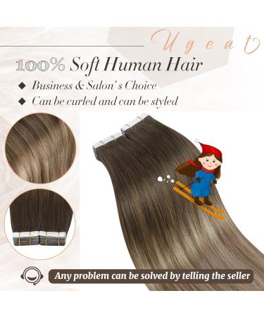 Ugeat Dark Brown Tape Extensions | Balayage Golden Brown Real Hair | 30 cm Remy Hair Extensions | 20 Pieces #4/10/16 - Buy Online on GoSupps.com