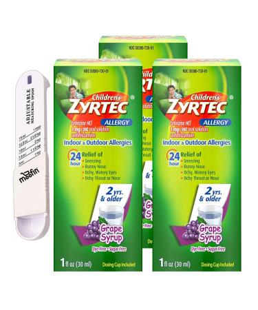 Zyrtec Kids Allergy Medicine 1 fl. oz - 24 hr Childrens Allergy Medicine Liquid Plastic Measuring Spoon Includes Cetirizine Dye- & Sugar-Free Toddler Allergy Relief Pack of 3