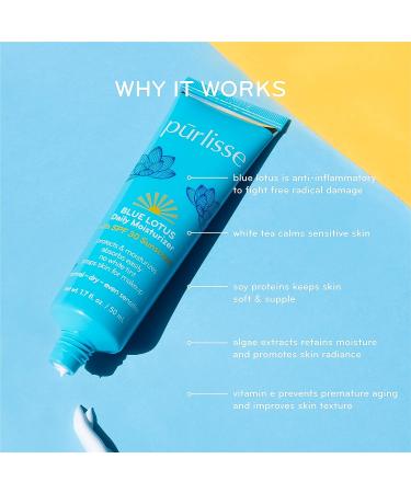 Purlisse Blue Lotus SPF 30 Essential Daily Moisturizer | Cruelty-Free & Clean | Anti-Aging | Reef Safe | Non-Greasy Formula with Vitamin E & Algae Extracts | 1.7oz - Buy Online on GoSupps.com
