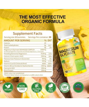 Magnesium Glycinate Gummies 1000mg - Sugar-Free Magnesium Potassium Supplement with Vitamin D B6 CoQ10 for Adults & Kids High Absorption for Calm Mood & Sleep Support - 60 Pineapple Gummies - Buy Online on GoSupps.com