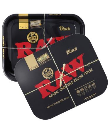RAW Bundle - Black Rolling Tray with Black Magnetic Tray Cover | Size - Large | Perfect Storage for Home or On-The-Go