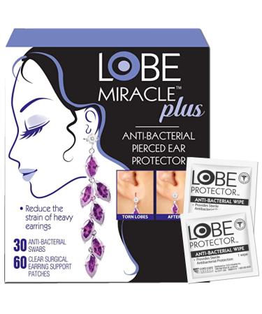 Lobe Miracle Plus - Clear Earring Support Patches & Antiseptic Wipes - Earring Backs for Droopy Ears - Ear Care Products for Torn or Stretched Ear Lobes (60 Patches & 30 Swabs)