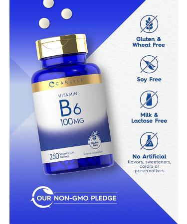 Carlyle Vitamin B6 100mg | 250 Tablets | Vegetarian, Non-GMO, Gluten Free - Buy Online on GoSupps.com