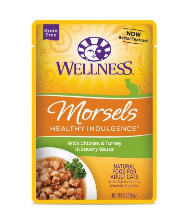 Wellness Healthy Indulgence Natural Grain Free Wet Cat Food, Morsels Chicken & Turkey, 3-Ounce Pouch (Pack of 24)