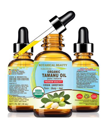 Botanical Beauty Organic TAMANU OIL 100% Pure Natural VIRGIN UNREFINED Cold-Pressed Carrier Oil 1 Fl oz 30 ml for Face Skin Body Hair Lip Nails. Rich in Vitamin E Vitamin C
